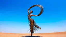 dancing sculpture of a wind-blown lady made of scrap metal and glass in the desert; |wind aesthetics, amazing reflections, wonderful textures, circular swoosh, dynamic, cinematic, dramatic, cam in motion, swirl dynamics, deep low angle, Katsuhiro Otomo style, summer heat, bright tone, sharp shadows, immersed in motion