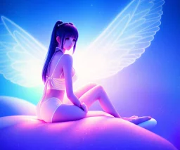 a detailed illustration of a anime girl sitting luminescent body, glinting spread wings, realistic, soft and smooth glowing wings, soft feathers, macro lens, sharp focus, meticulously detailed, soft studio lighting, smooth blurred gradient evening sky background, 64k