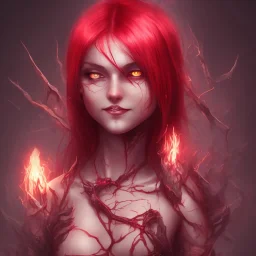 evil satanic girl, full body, smiling, crimson flaming hair, glowing veins, bloody dark cave background,