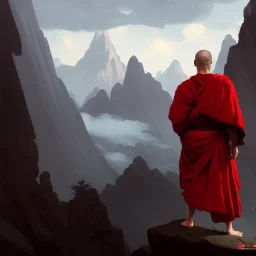 Portrait of a monk, red robe, mountain background, fog, grimdark, Frank Frazetta, Greg Rutkowski, hyperdetailed, dnd, trending on Artstation, Splash screen art, dynamic lighting, hyperdetailed, intricately detailed, a masterpiece, 8k resolution