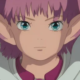 An elf, with crystal blue eyes, and magenta hair, teardrop shaped eyebrows, woman, angry expression