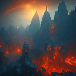 dynamic lighting, Intricately detailed, deep color, Unreal Engine, volumetric lighting, Hell landscape, Hell concept art, Hell fantasy artwork, Mountains, nightsky, orange, red, nebulae, fields, abandoned buildings,