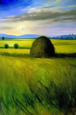 A grassy plain filled with haystacks painted by Claude Monet