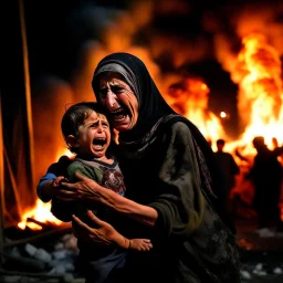 A Palestinian woman wearing the Palestinian dress carries her dead son as she screams and cries at night, with explosions in refugee tents behind her.