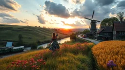 a lady dancing to camera in village over high grassy hills,a small fall and river and wild flowers at river sides, trees houses ,next to Ripe wheat ready for harvest farm,windmill ,a pretty train is arriving to station along river,a few village local shops ,cloudy sun set sky