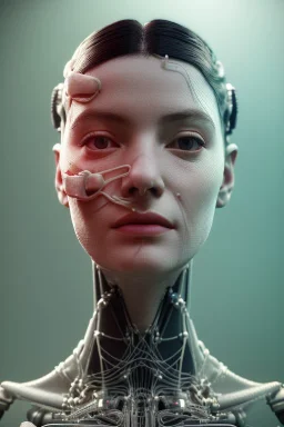 complex 3d render ultra detailed of a beautiful porcelain profile woman android face, cyborg, robotic parts, 150 mm, beautiful studio soft light, rim light, vibrant details, luxurious cyberpunk, lace, hyperrealistic, anatomical, facial muscles, cable electric wires, microchip, elegant, beautiful background, octane render, H.R. Giger style, 8k