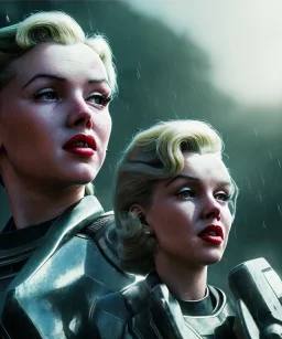 Ultra Realistic retro sci-fi 1960 scene, waist up view portrait, blonde woman, sweet young Marilyn Monroe face, perfect iris, tight latex coat, Strange planet background, Retro sci-fi style glass helmet, sphere dron, fog, rain, soft color, highly detailed, unreal engine 5, ray tracing, RTX, lumen lighting, ultra detail, volumetric lighting, 3d, finely drawn, high definition, high resolution.