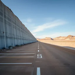 Photograph, wasteland, bright reflective aluminum cover, limit of the world, Highway rest area with steep walls and empty spacious parking spaces, Truman show, brutalist concrete architecture, Bau zone, all'aria aperta, rocce, sky, brutalist, liquid, polvere, red spot, open air museum style, blue wire, apparecchi elettronici, powder, punto, minimalist, details of the dust very accentuated, deep 3d field