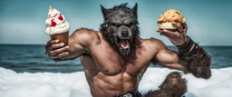 photo shoot of self aware werewolf boxing with ice cream and snow with sea weed crown