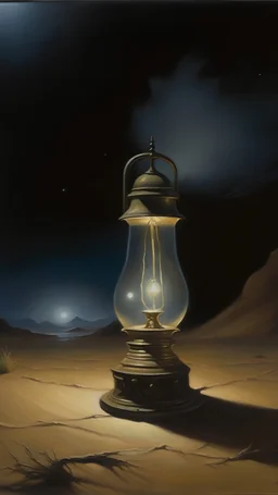 oil painting by Alan Lee of a kerosene lamp standing on desert, at dark night