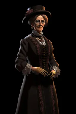 warm but stern aunty victorian era, posh british accent influenced, high born facial features dnd character on a solid black background, full body image, high quality realistic.