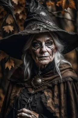 Old pale skinned Witchery Witch ready for the Coven in rusty autumn leaves and silver cobwebs. with burnished browns and abyss black.