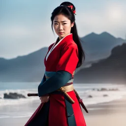 mulan with a bow, ready to strike, Beautiful AND Deadly, on the shore