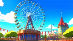 anime style theme park entrance with a ferris wheel in the background.