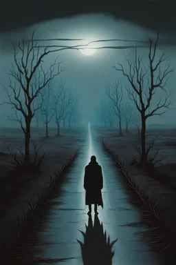 In a realm painted with cold colors, a solitary figure stands at the end of a desolate road. The dull light casts sharp lines on their face, etched with pain and depression, as they gaze upon a dark sliver of sky. Thorns pierce their soul, a metaphor for the barbed loneliness that has become their only companion. Surrounded by shadows, they whisper, "I am the reason I have no one," as the truth weighs heavy. Their eyes reflect the anguish of being an outcast, a self-imposed exile born from fear