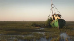 The image depicts a grounded fishing boat partially submerged in a marshy landscape. The boat, painted in shades of green, appears to be overgrown with vegetation, indicating it has been abandoned for some time. Surrounding the boat, a lush expanse of grasses and wetlands stretches towards the horizon, bathed in soft, warm light from a fading sky.