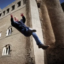 man falling from castle