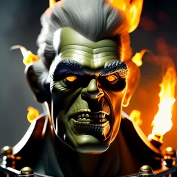 metallic frankenstein's monster on fire, boris karloff, neck bolts, finely detailed, vignette