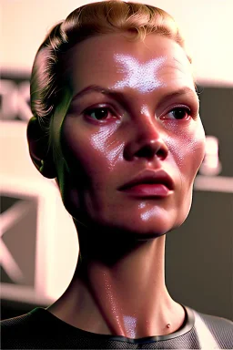 Ultra Realistic retro sci-fi, Supermarket parking scene, 1960 year, blonde woman, sweet young Kate moss face, x ray lights eyes, face makeup, tight latex coat, levitating cars, many panic people, Retro sci-fi style, soft color, highly detailed, unreal engine 5, ray tracing, RTX, lumen lighting, ultra detail, volumetric lighting, 3d, finely drawn, high definition, high resolution.