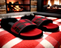 Red plaid slippers laying on a black fur rug by log cabin fireplace