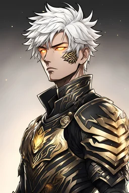 Simple Anime Style drawing, 39 year old Adult Male, Short Messy White Hair, Glowing golden eyes, Black tribal tattoo, black and gold armor