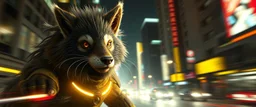fast cyberpunk weasel rasta man with cute fur, in big cyberpunk city, in the style of fallout 4, with motion blur and volume light