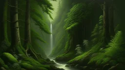 A dark green serene woods with a giant waterfall painted by Henry-Robert Brésil