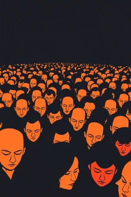 "A conceptual black-and- yellow Red digital illustration of a massive faces walking in the same direction, heads down, symbolizing conformity. The atmosphere feels lifeless and repetitive, emphasizing the ordinary mindset of the majority."