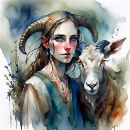 dnd, fantasy, watercolour, large strokes, stylistic, portrait, illustration, dull colours, woman, goat person