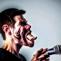 confused man eating a microphone