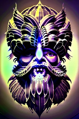 bearded man head with feathers, spheres, cubes, gears, clocks, engine parts, exhaust pipes, fur, peacock feathers, mechanism, in the style of Android Jones, gradient, bioluminescent, rococo, photorealistic, intricate details, 8k, purple and gold, digital painting, top light, illustration, trending on artstation