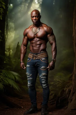 Alimi Ballard Very muscular man bald with tribal tattoos wearing jeans and a teeshirt, fantasy, forest backdrop