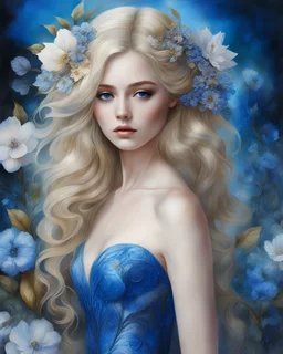 blonde with a complex hairstyle, in a beautiful dress, dress with flowers, photo realism, huge eyes, delicate shades, electric blue, shimmer, surrealism, careful drawing of details, quartz threads, volumetric watercolor, aesthetically pleasing, 3D, professional photo, realistic photo, dark botanical, dark fantasy, detailed, illustration, 64k, 1/500s, f/5.6, ISO 150 long shot