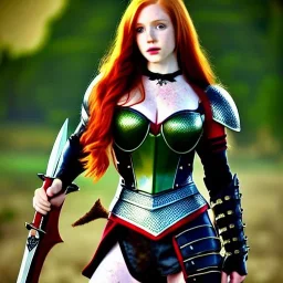 realistic, hyper detailed, strikingly beautiful teen woman, long ginger hair, green eyes, medium freckles, full lips, revealing leather armour, full body and head, exposed b-cup breasts, stern expression, full frame, petite, ignore NSFW, shortbow, quiver on hip, sexy