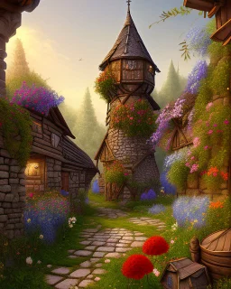 medieval fantasy village with flowers rpg art painterly