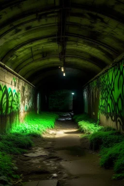 A green underground sewers with graffiti on the walls painted by George Inness