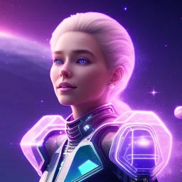 A portrait of a transparent crystalline girl,smiling, longs blond hairs, galactic dress, atmospheric, realistic, cinematic lighting, octane render, purple and blue sky, nebula, stars, planets in background, spaceship in background