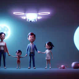 Ultra Realistic classic family portrait, living room. father. mother. daughter. alien pet. Little flying drone. retro futuristic, minimal style. smile, happy. highly detailed, concept art, unreal engine 5, ray tracing, RTX, lumen lighting, ultra detail, volumetric lighting, 3d, finely drawn, high definition, high resolution.