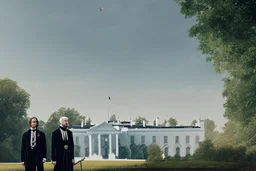 realistic Harry Potter and Dumbledore standing in front of white house