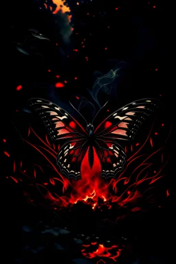 Butterfly, calm, smoke, light, by Mysteria, made by Mystria, remixing, trending, magical, red and black, bio luminence, intricate, wood, moonlight