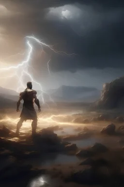 Ultra-realistic, unreal engine, technical concept drawing, god lightning land on a battle ground, the landscape is barren and there is streak of lightning flowing from his body to the sky, his fist is touching the ground and electric energy is flowing from his body, above him you can see an opening the sky