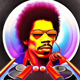 a realistic portrait of Jimi Hendrix at a turntable with headphones on being a DJ, vivid color, with sunglasses