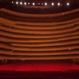 a single chair on stage under spotlight at a dark and empty symphony hall as seen from stage