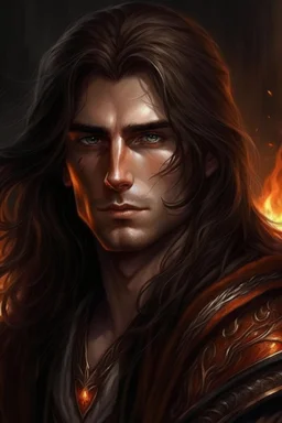 Portrait of a fantasy male elf, Warrior, fiery look, long Brown hair,