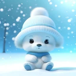 snowing winter, super cute baby pixar style white fairy bear, shiny snow-white fluffy, big bright eyes, wearing a woolly cyan hat, delicate and fine, high detailed, bright color, natural light, simple background, octane render, ultra wide angle, 8K. Make image with aspect ratio 1:1