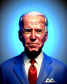 Waist up Portrait, joe Biden as simply muppet doll, Blue suit retro style, photo studio, city background, unreal engine 5, concept art, art station, god lights, ray tracing, RTX, lumen lighting, ultra detail, volumetric lighting, 3d.