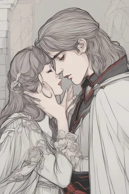 A couple from the dnd game curse of Strahd kissing, lips against lips