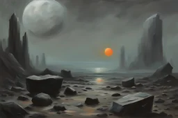 Grey sky with one exoplanet in the horizon, rocks, mountains, 80's sci-fi movies influence, friedrich eckenfelder impressionism paintings