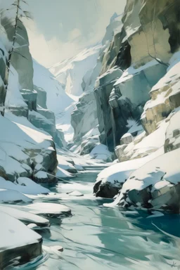 A cyan snow covered gorge near a frozen fjord designed in Heidrun manuscripts painted by John Singer Sargent