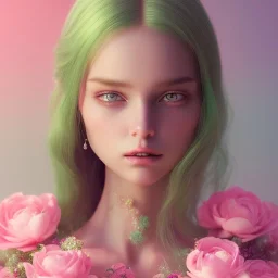 fairy, pink, green, beautiful, hyperrealism, masterpiece, expert, cinematic lighting, sharp focus, 8K, pastel, macro lens, woman, detailed, flower